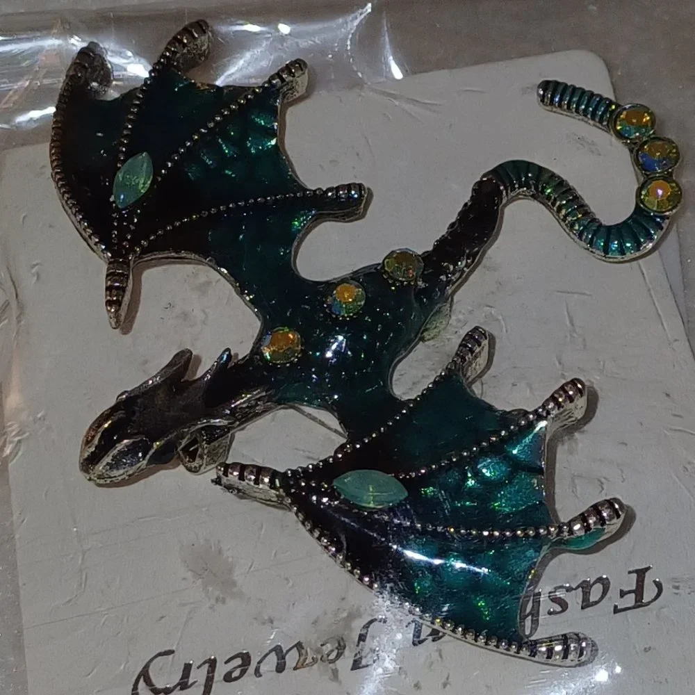 NWT Dragon Flying Pteradactyl Pin Brooch Metallic Halloween Jewelry AQUA BLUE - Picture 5 of 12
